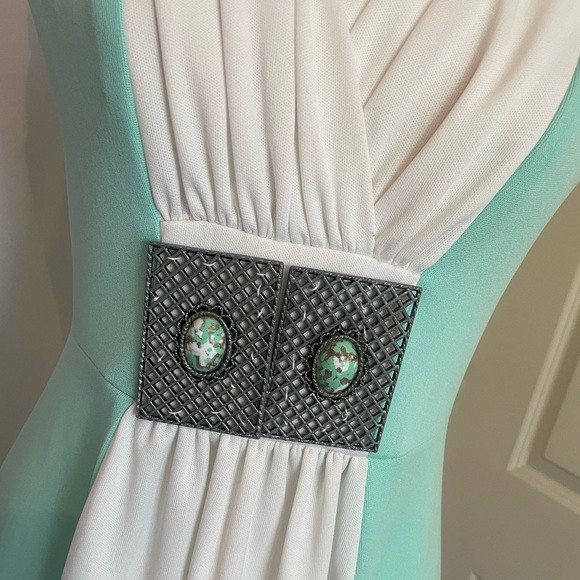 Gorgeous Vintage Boho Light Seafoam Green & White Sleeveless Maxi Dress Small - Picture 4 of 10